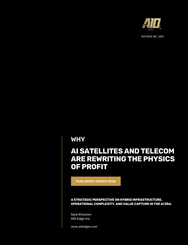 Cover graphic for AID Edge's publication 'Why AI, Satellites, and Telecom Are Rewriting the Physics of Profit.'